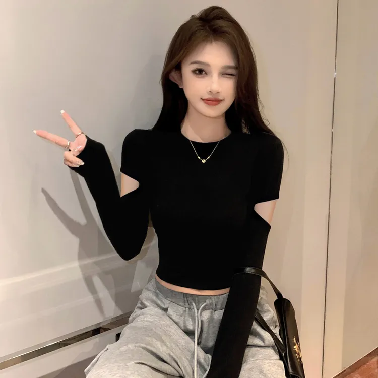 2024春秋女装螺纹黑色长袖洋气紧身半高领打底衫百搭显瘦短款上衣