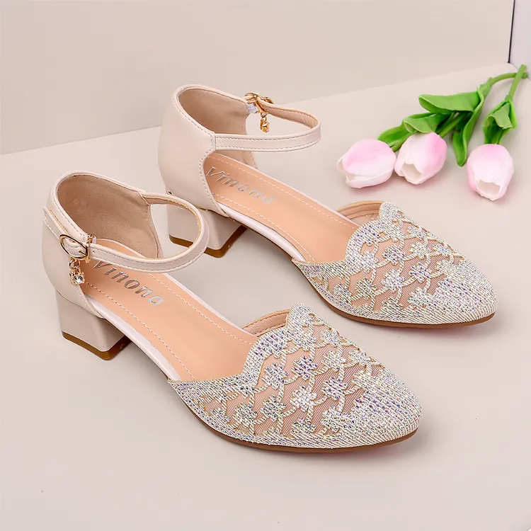 2026夏季新款妈妈凉鞋粗跟网面镂空水钻中老年人防滑包头夏天女鞋商品图