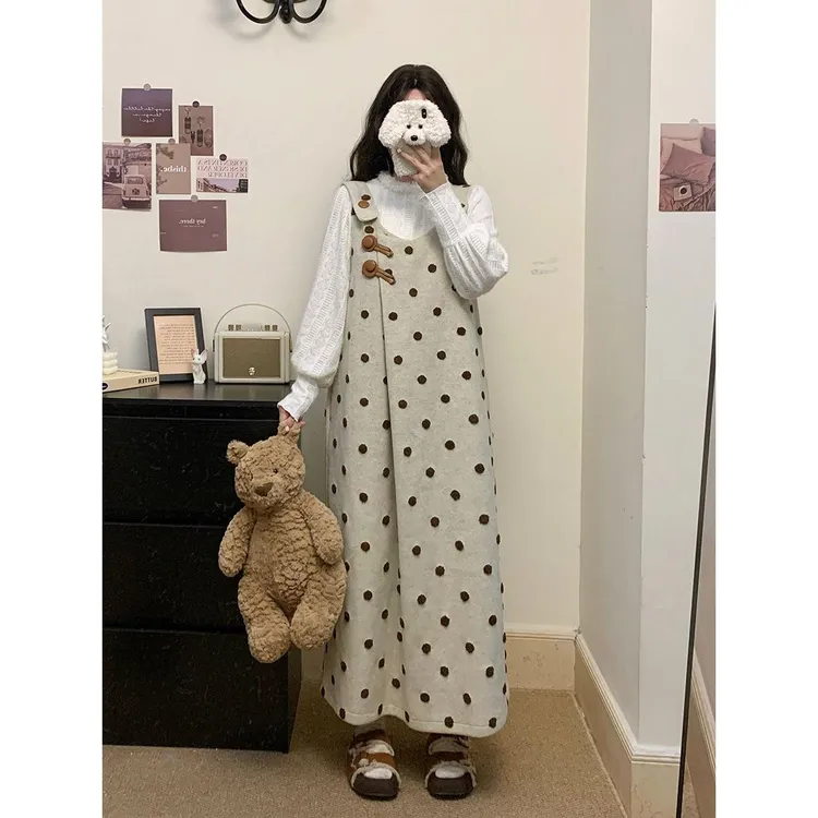 大码女装气质复古秋冬波点刺绣毛呢背心裙毛绒外套胖MM两件套女