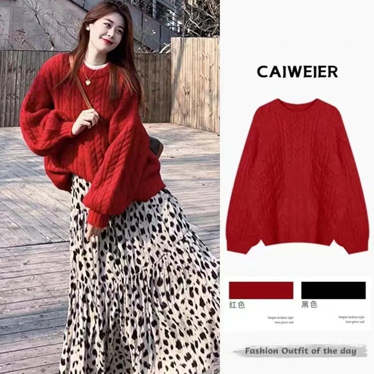 麻花软糯针织套头针织衫上衣慵懒风韩版宽松毛衣外套女大码秋冬季