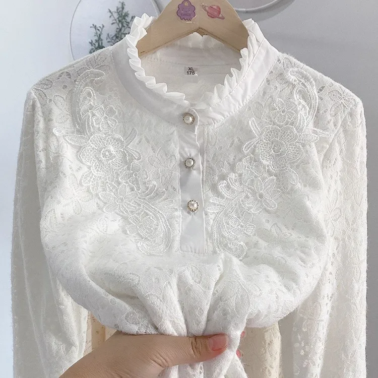 蕾丝立领木耳边蕾丝衫显瘦遮肉减龄名媛上衣加绒打底衫女衬衫