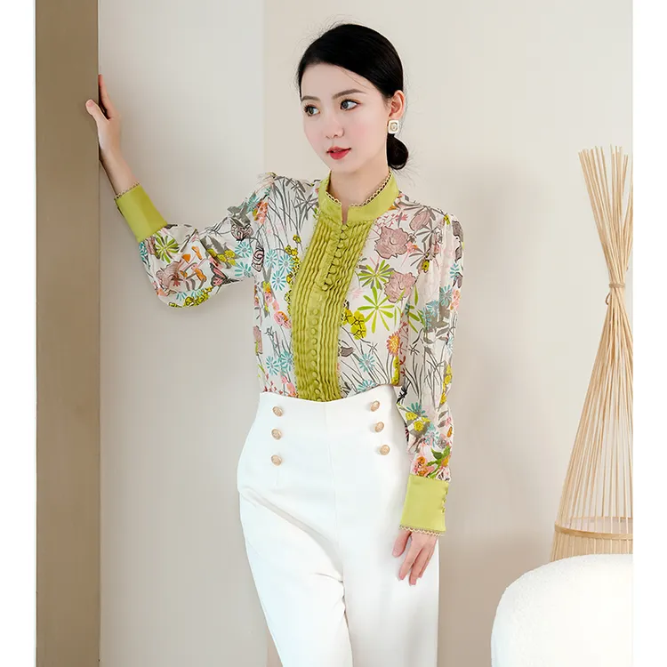 现货2025夏季新款【1832】气质法式小众舒适碎花长袖绿色衬衫上衣女