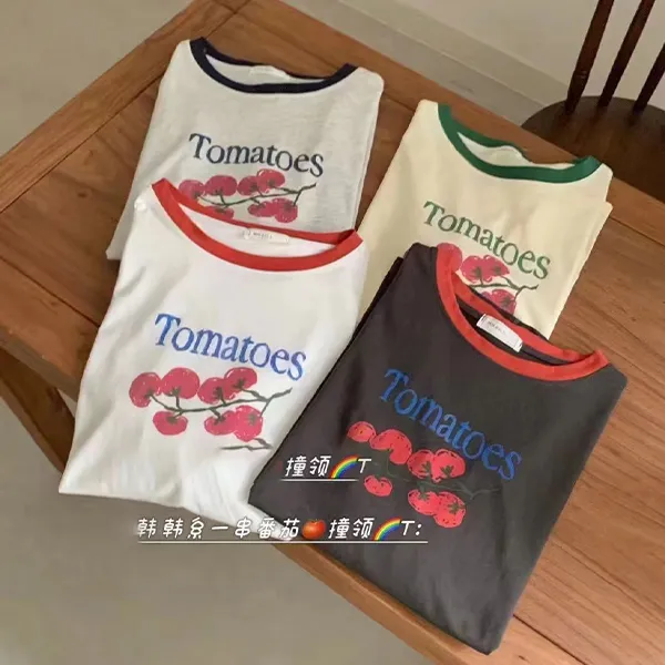 【番茄T恤】百搭宽松休闲风印花拼色棉质短袖T恤圆领韩系夏季纯色