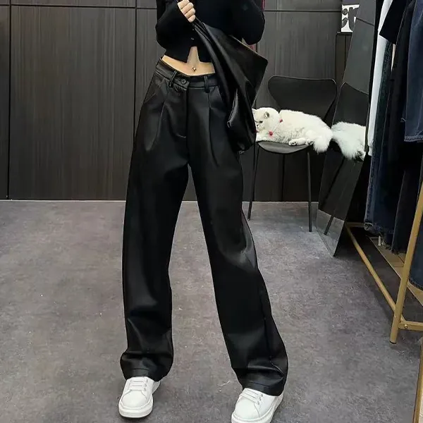 【辣妹风】高腰宽松直筒休闲皮裤配不对称修身显瘦上衣黑色长裤
