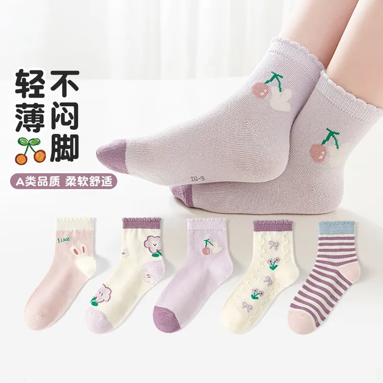 六指鼠儿童袜子女童中大童春秋款女宝宝女孩学生卡通花边中筒棉袜