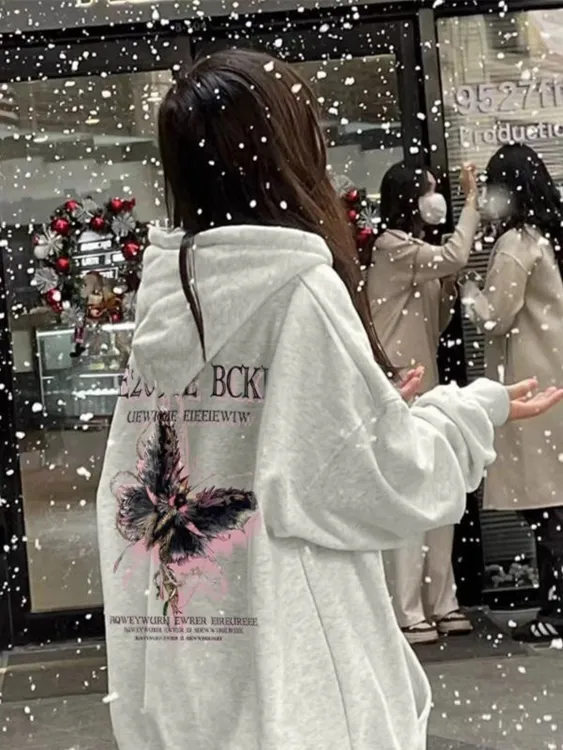 秋季慵懒风卫衣女美式复古ins设计感学生宽松中长款薄款连帽外套