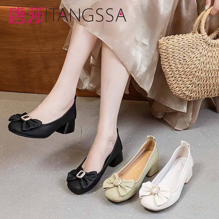 【唐莎TANGSSA】春秋百搭真皮软底蝴蝶花女单鞋-6015五分跟女士软底
