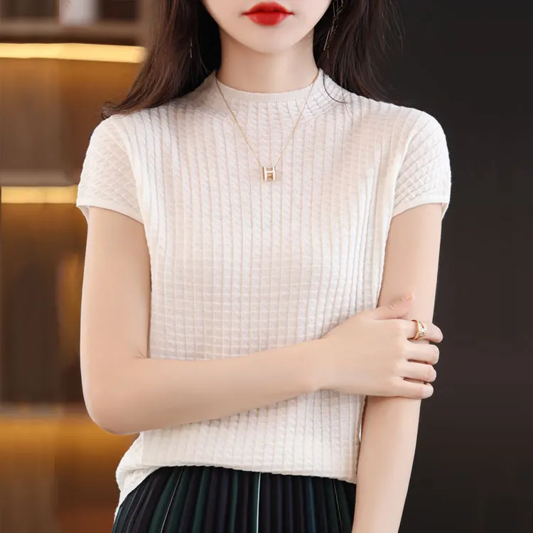 夏季薄款精纺羊毛短袖t恤女半高领针织衫显瘦气质洋气上衣NS2169