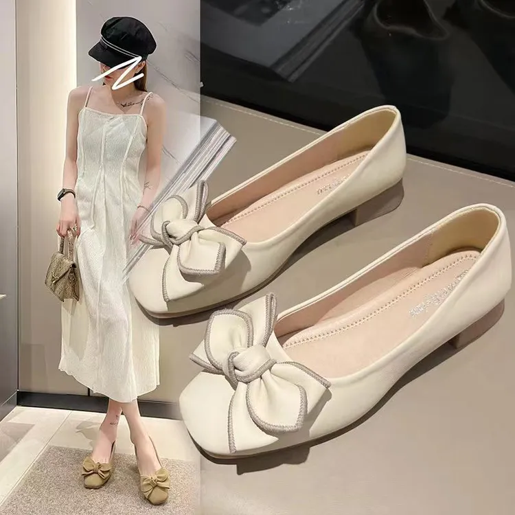 【牛筋软底】豆豆鞋女2026新款百搭一脚蹬浅口瓢鞋蝴蝶结平底单鞋A商品图