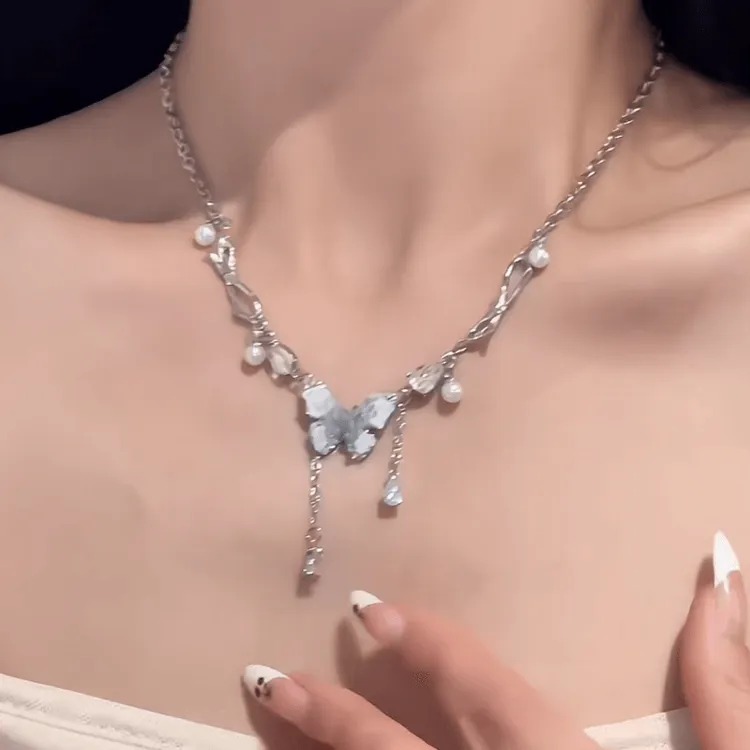 合金仿水晶项链 超仙碎石蝴蝶流苏项链女轻奢气质简约仙气颈链