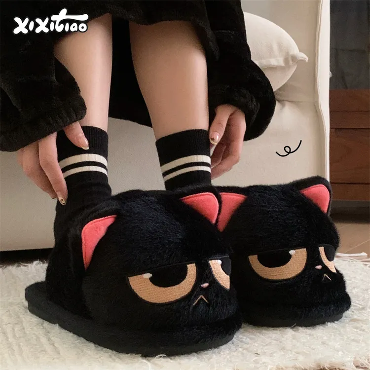 细细条 生气小黑猫棉拖鞋男女冬季情侣可爱防滑保暖毛毛绒家居鞋