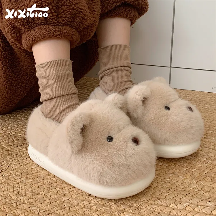 细细条 舒适防滑包跟保暖可爱家居鞋男女毛绒小熊情侣冬季棉拖鞋