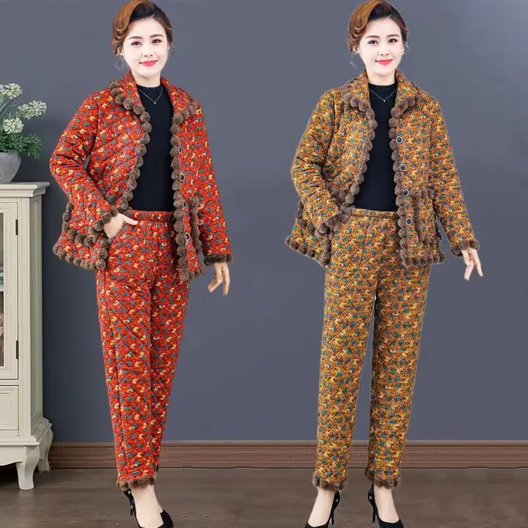 中年冬季棉衣棉裤套装加绒保暖妈妈家居服两件套棉服外穿棉袄大码