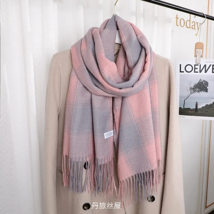 百搭秋冬季时尚大格子仿羊绒流苏围巾学生保暖加厚围脖情侣披肩