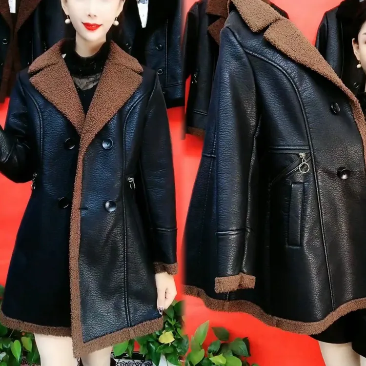 皮衣女中长款加绒外套冬季新款皮毛一体收腰大码颗粒韩版时尚百搭