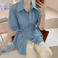 【清清】大码女装胖MM收腰系带设计简约气质显瘦百搭短袖衬衫女