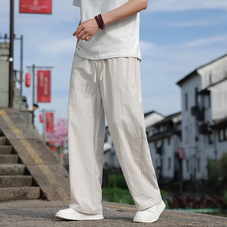 男士休闲裤夏季薄款宽松亚麻阔腿裤新中式男装中国风棉麻直筒裤子