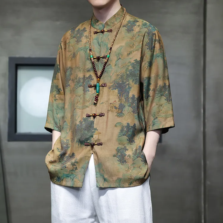 冰丝衬衫男夏季薄款中国风男装休闲宽松复古风新中式短袖国潮唐装