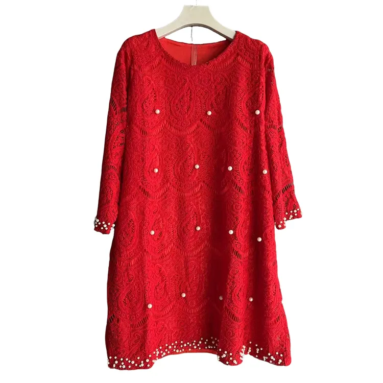 大码女装订珠蕾丝连衣裙