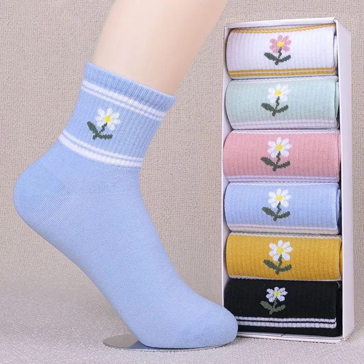 纯棉袜子春秋冬中筒百搭纯色防臭袜子雏菊甜美潮防臭抗菌潮袜子