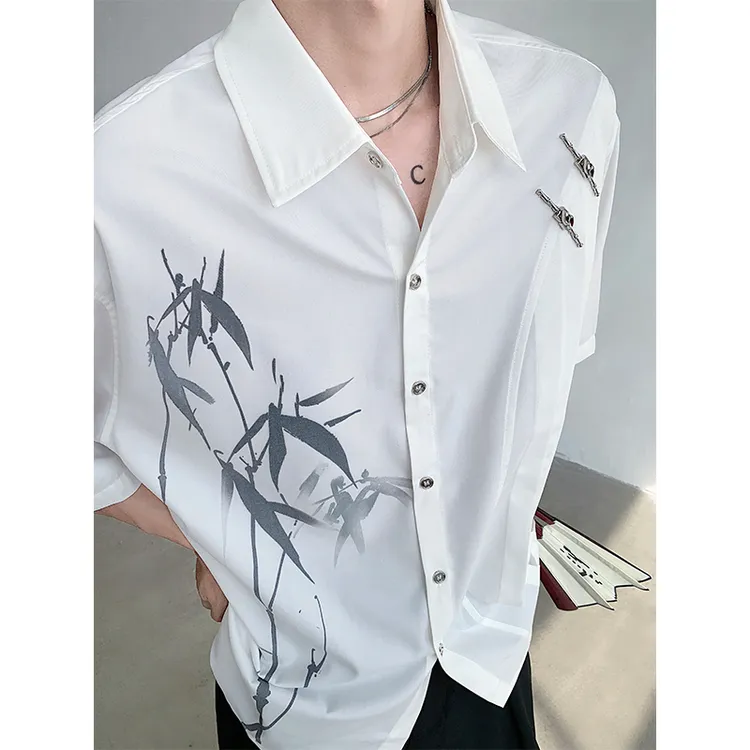 男士衬衣白色休闲小众薄款夏季新中式竹叶印花设计感盘扣短袖衬衫