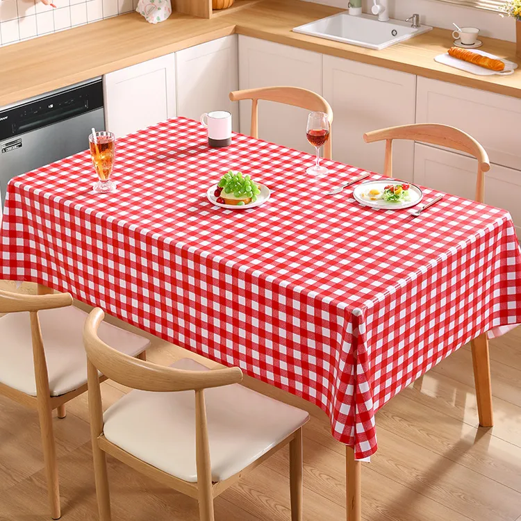 恒钻格子款桌布防水防油防烫免洗餐桌茶几清新红色格子简约长方形