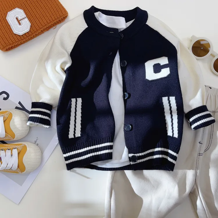 3001春秋新款毛衣针织外套 棒球服男女童撞色毛衣 宝宝毛衣开衫