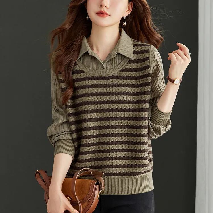 假两件上衣女秋装洋气新款毛衣针织衫宽松显瘦遮肉大码冰丝打底衫