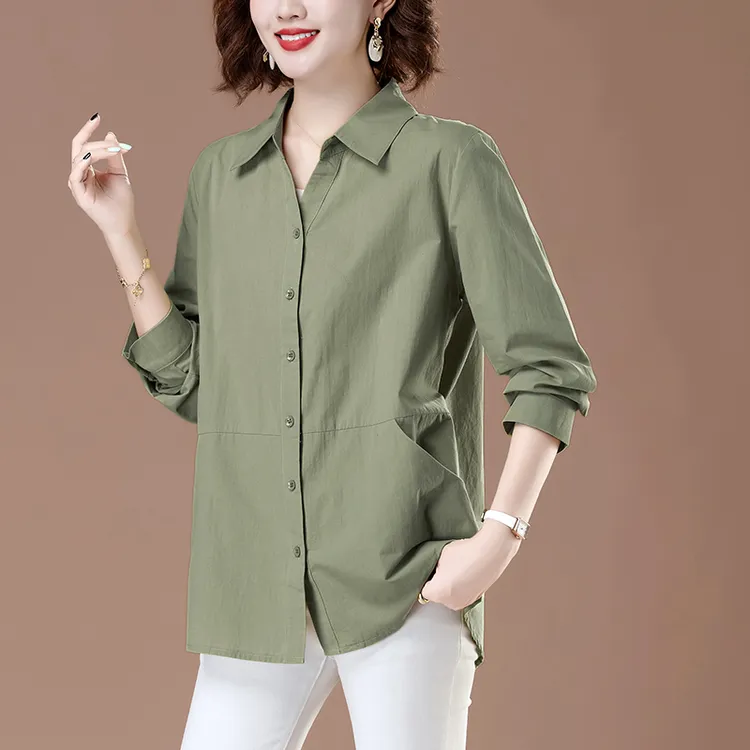 全棉长袖衬衫女中老年春秋薄款宽松大码开衫妈妈休闲百搭翻领衬衣