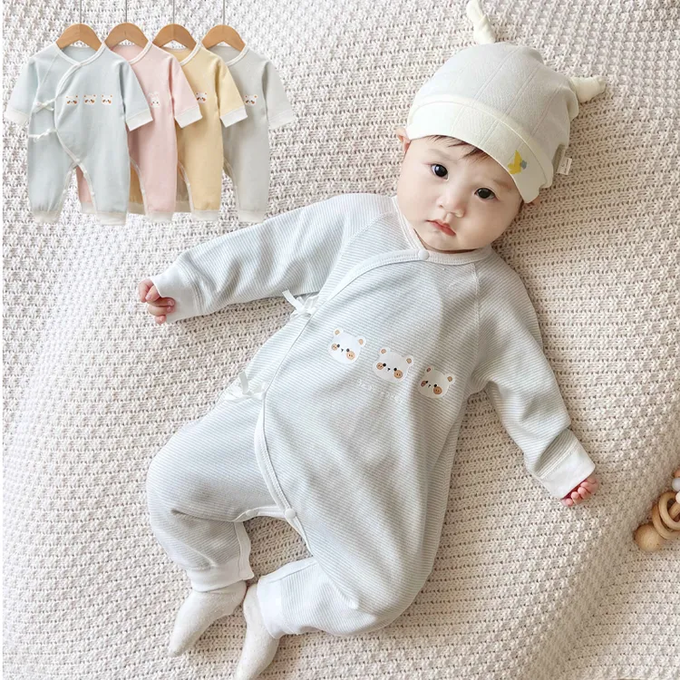 婴儿护肚蝴蝶衣新生儿月子服舒绒棉宝宝贴身无骨长袖条纹哈衣春秋