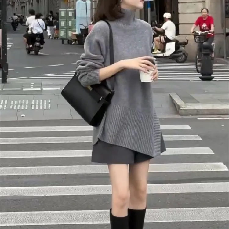 新款不规则休闲慵懒风灰色测开叉女装