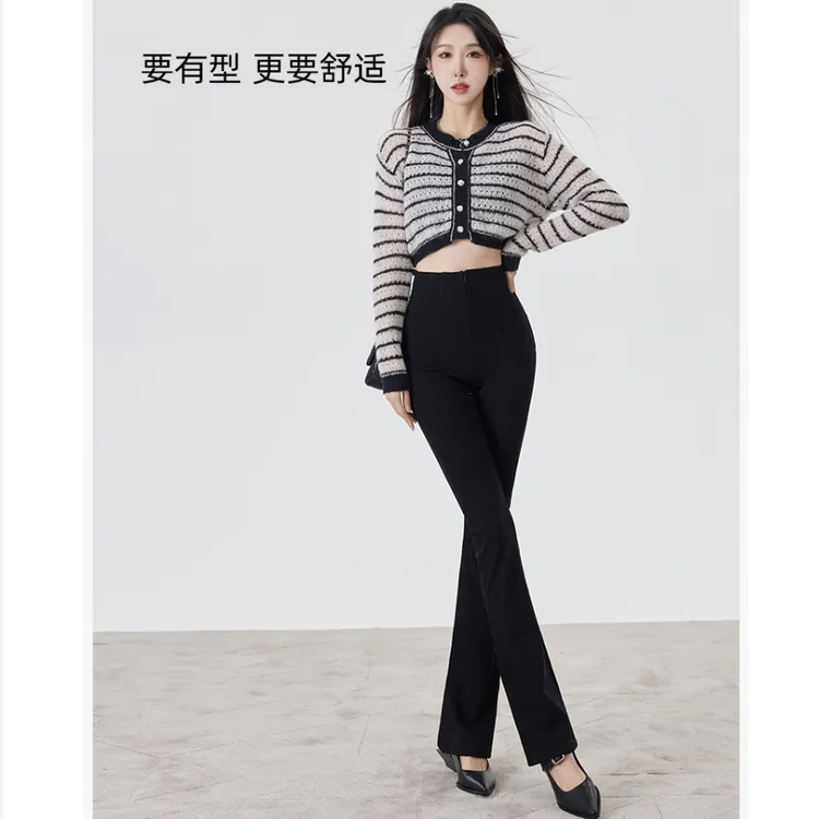 HH5008大码MM秋季高腰微喇裤显瘦弹力收腹女裤时尚黑色微喇叭裤子