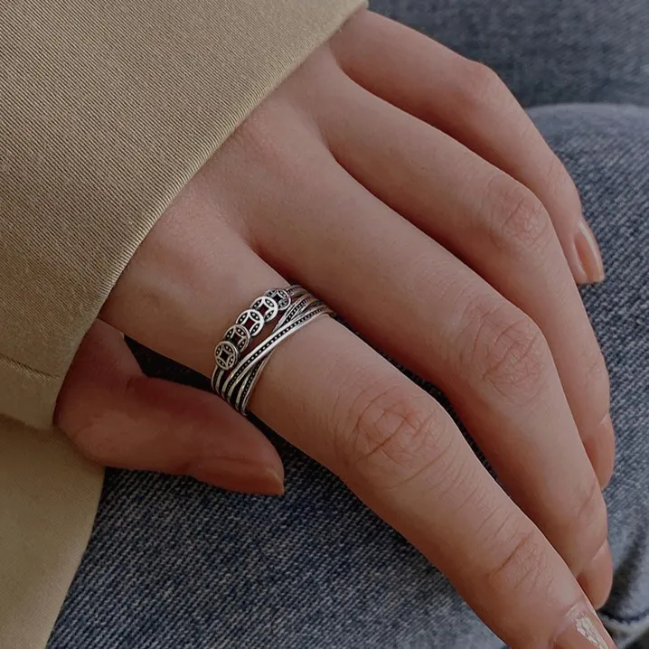 925银戒指 925纯银铜钱戒指女潮钱多多食指戒新年招财开口麻将戒