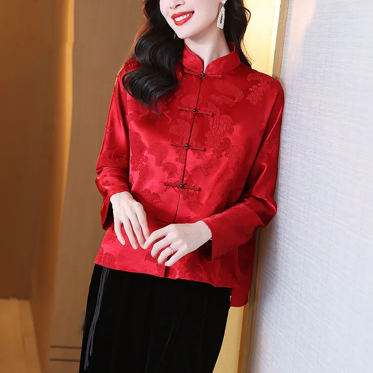中国红喜庆桑蚕丝上衣女立领新中式改良长袖提花盘扣唐装女款