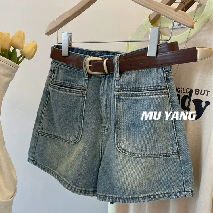 四色人手一条百搭中性风牛仔短裤 夏季高腰显瘦双口袋送腰带热裤