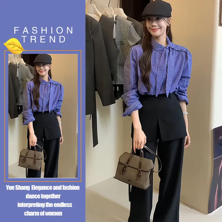 2025秋季新款格子衬衫女显瘦通勤上衣系带衬衫民国风西裤休闲简约