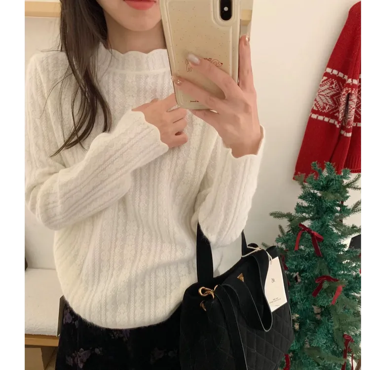 温柔波浪花边寸领立体坑条钩花打底衫别致长袖针织衫宽松加厚上衣