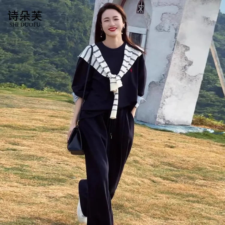 休闲运动服套装女2024秋季新款时尚洋气减龄套头卫衣阔腿裤两件套