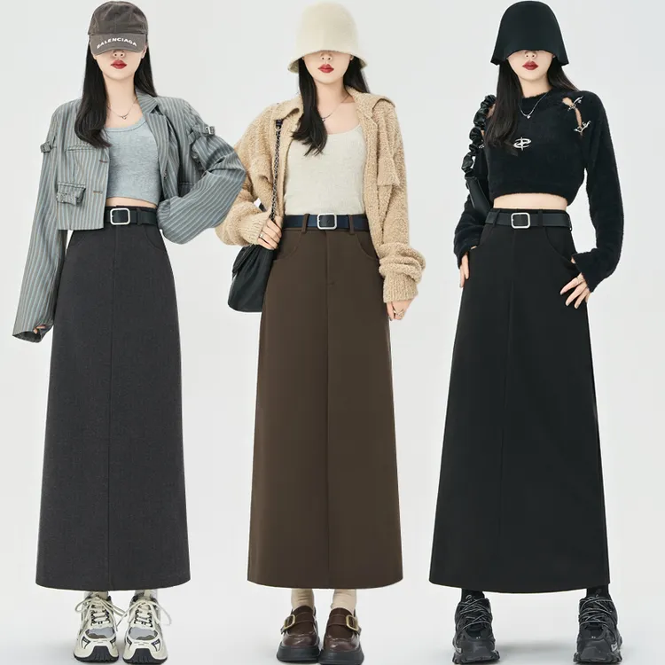 2023秋冬毛呢半身裙女高腰直筒包臀一步裙后开叉a字中长裙子