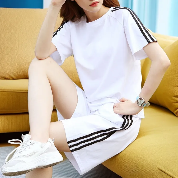 100%纯棉休闲运动服套装女夏季宽松大码短袖短裤五分裤两件套宽松