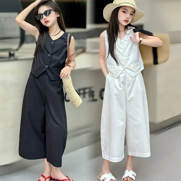 女童夏季新款2025无袖背心马甲阔腿七分裤两件套儿童洋气休闲套装