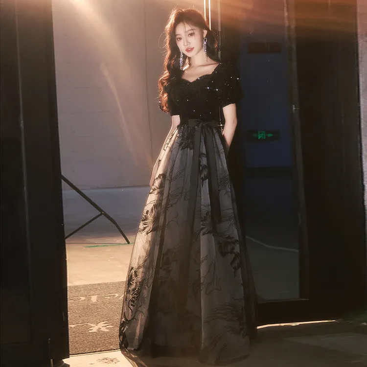 黑色高贵晚礼服宴会秋季小众中国风水墨画年会生日主持人艺考演出