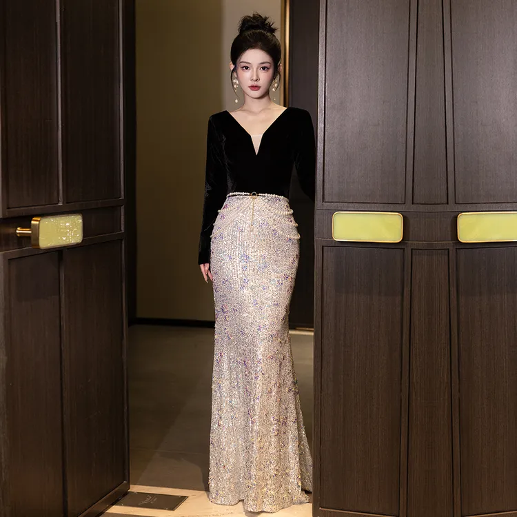 晚礼服女轻奢小众高端黑色丝绒宴会主持人气质长袖年会亮片鱼尾裙