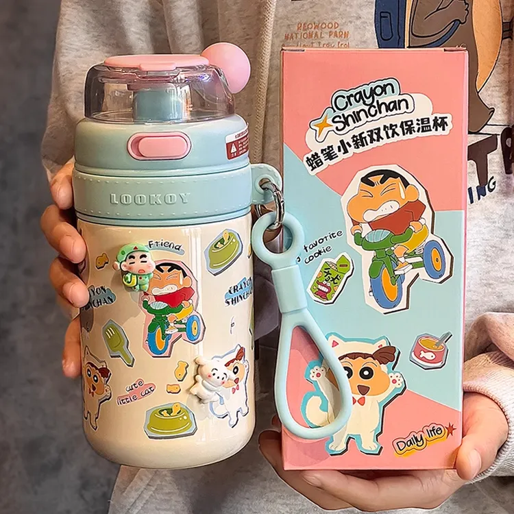蜡笔小新保温杯女生2025新款可爱双饮杯子高颜值吸管水杯上学专用