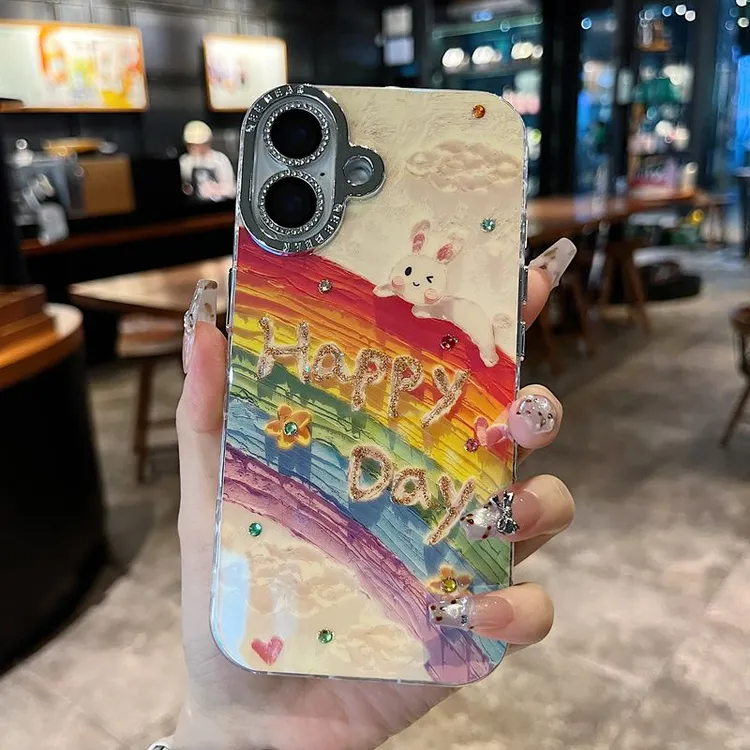 适用苹果系列iPhone15新款手机壳蓝光点钻彩虹兔子闪粉电镀镜头膜