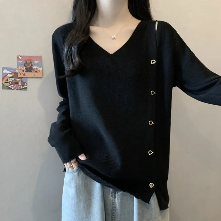 大码设计感露肩V领长袖针织衫女春秋胖M宽松显瘦百搭洋气打底上衣