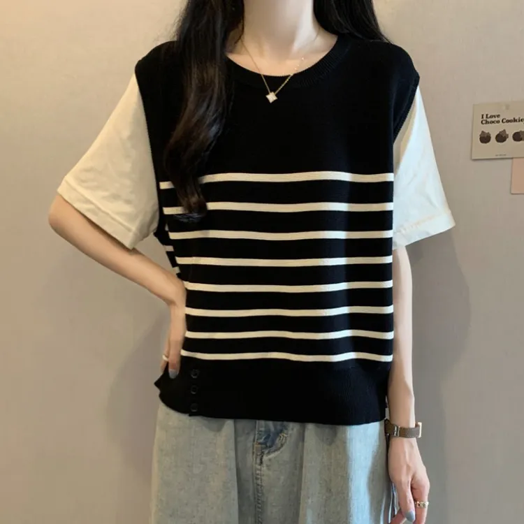大码假两件条纹短袖针织衫女夏季薄款微胖MM宽松显瘦百搭小众上衣