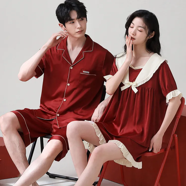 2024夏季新婚结婚情侣睡衣女冰丝薄款短袖男士红色大码夏天家居服