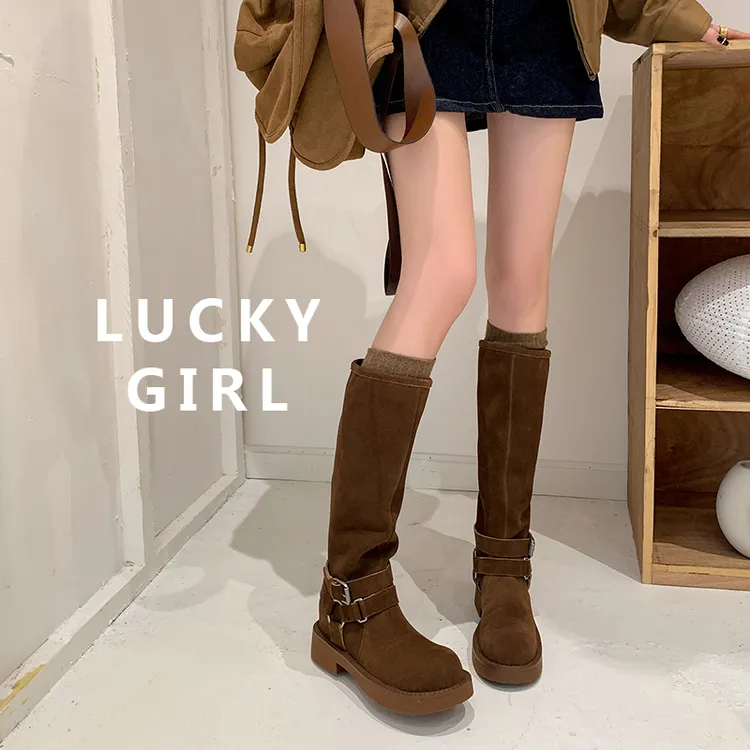 复古内增高西部牛仔靴棕色百搭牛反绒长靴秋冬时尚圆头长筒骑士靴
