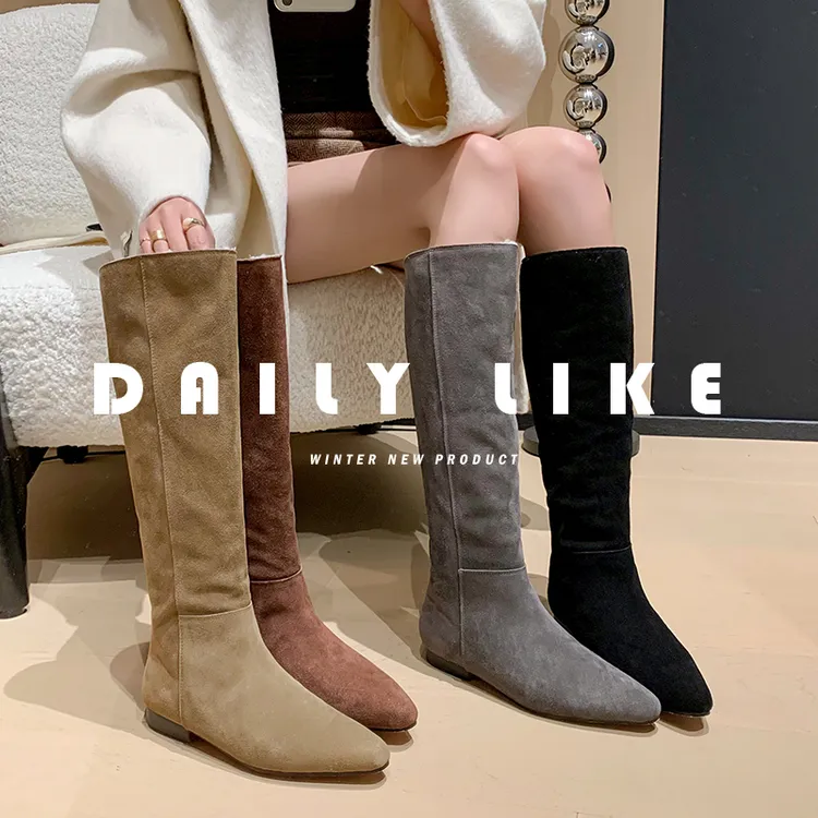 法式百搭复古西部牛仔靴圆头粗跟不过膝靴子舒适长筒靴牛反绒女靴